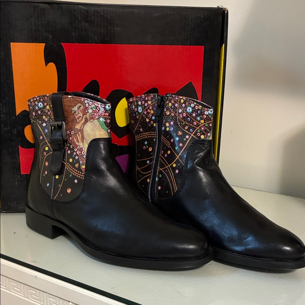 ICON Black Leather Boots with Multicolor Design Size 6 1/2 NWOT